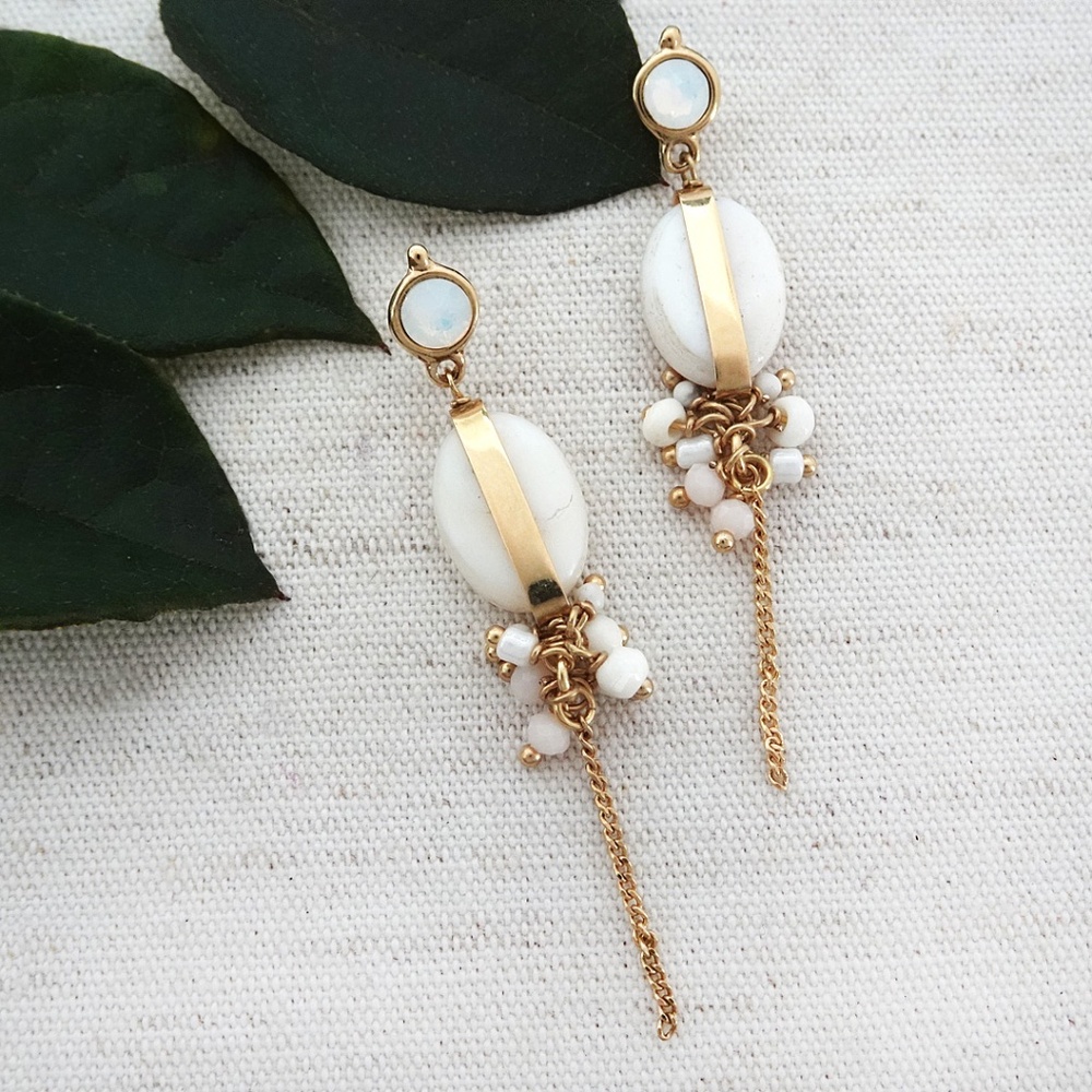 Long Earrings, Bridal, Party, White Howlite Stone with Gold NWT